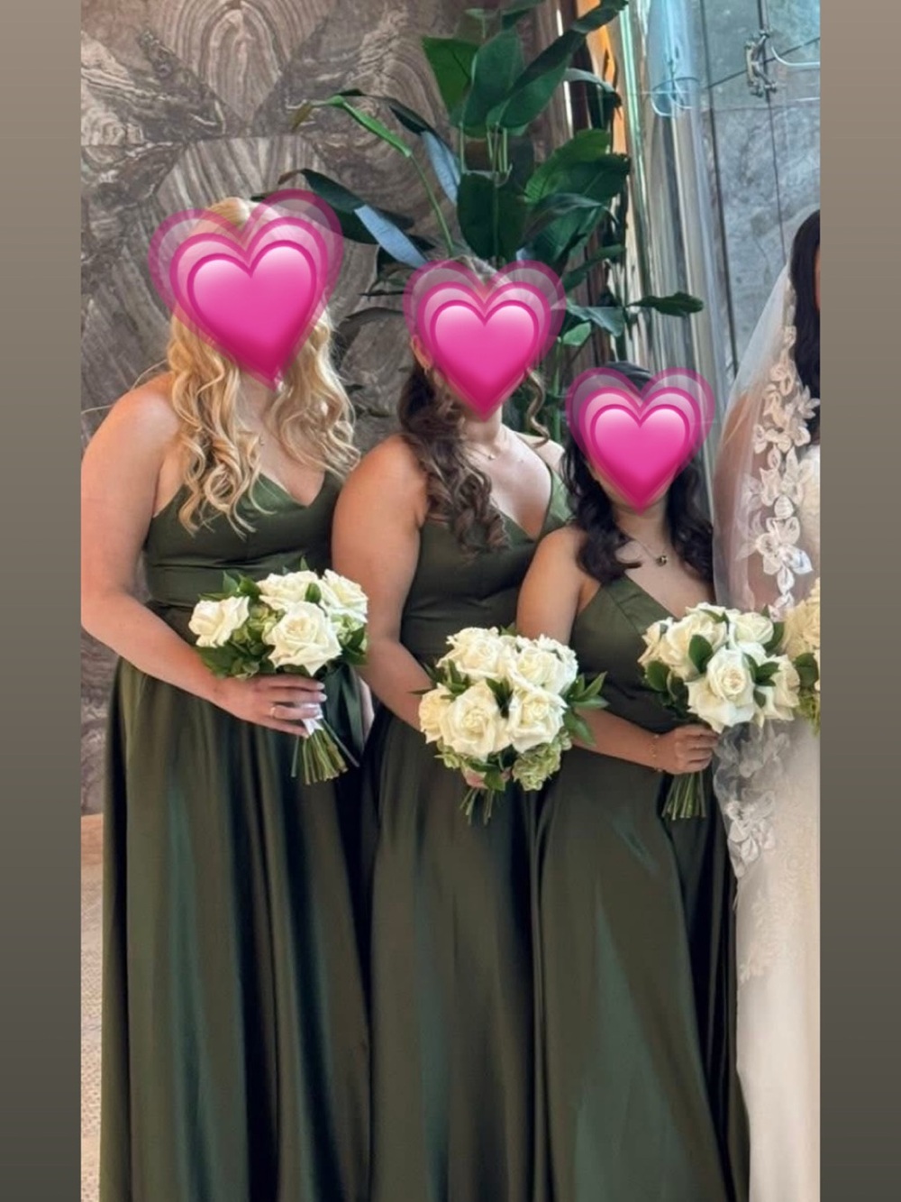 David's Bridal Olive Green Satin V-Neck Bridesmaid Gown